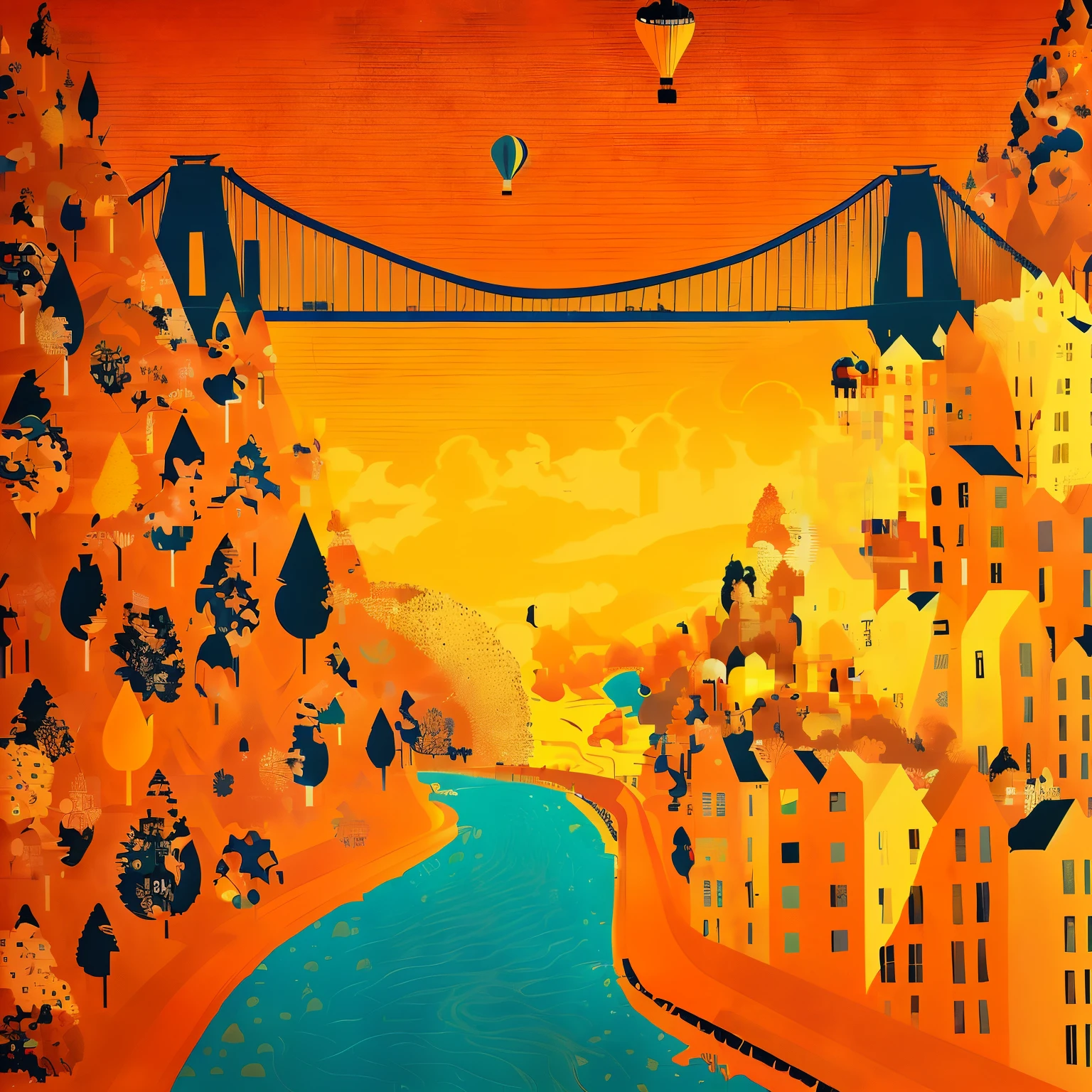 illustration of a city with a bridge over a river and a hot air balloon, by Trevor Brown, by Tom Scott RSA, print!, by Lubin Baugin, flat illustration, stylised illustration, travel poster, by IAN SPRIGGS, inspired by Trevor Brown, vector illustration, (by tom purvis), beautiful retro art, illustrator, tall bridge with city on top