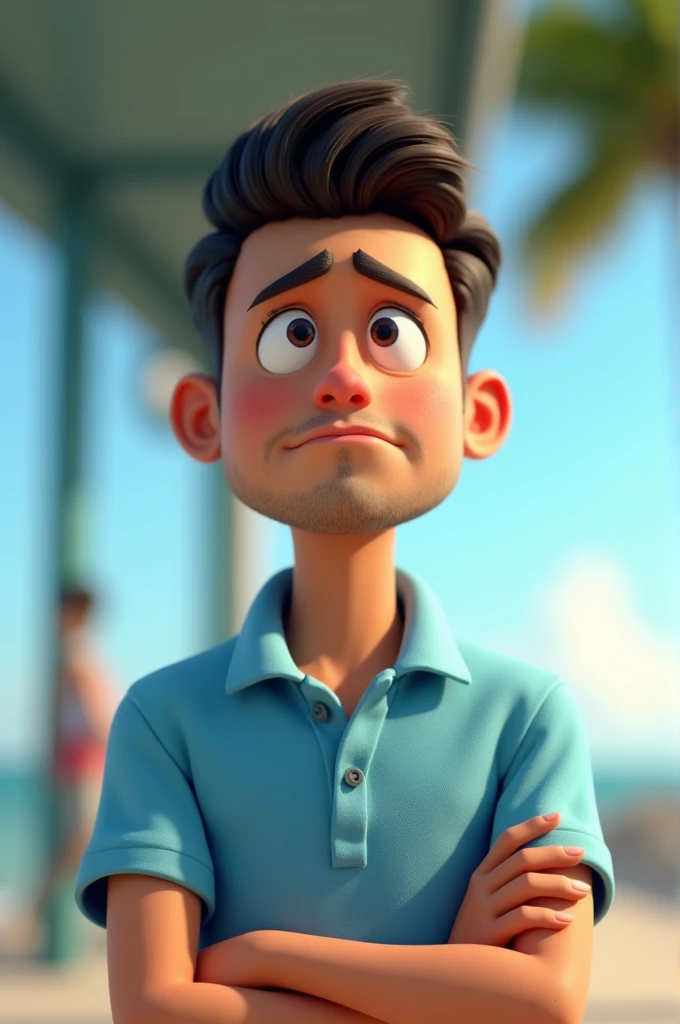 Cartoon character man in light blue polo shirt sitting at a bus stop with sad look thinking he would like to be sunbathing on the beach, 3D stylized, 3D Character, 3D Character, 3d rendering stylized, cartoon character, Character close up, Character pose, (Pixar style) (master part:1.2) (Bokeh) (best quality) (detailed skin) (detailed texture) (8k) (clay) (Cinematic lighting) (sharp focus)