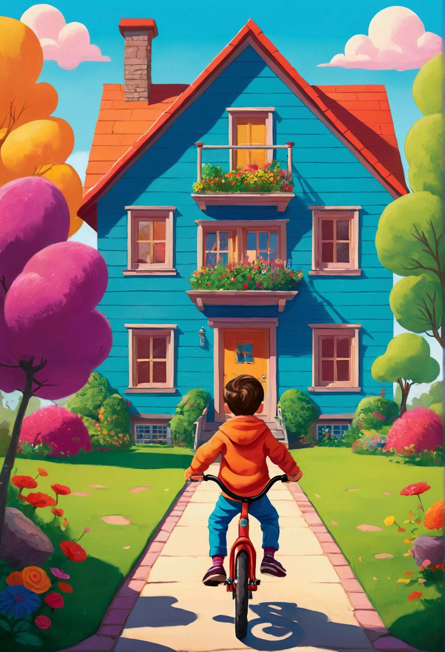 Kid riding a bycicle in a cartoonish style in colordul nature, cozy house behind him