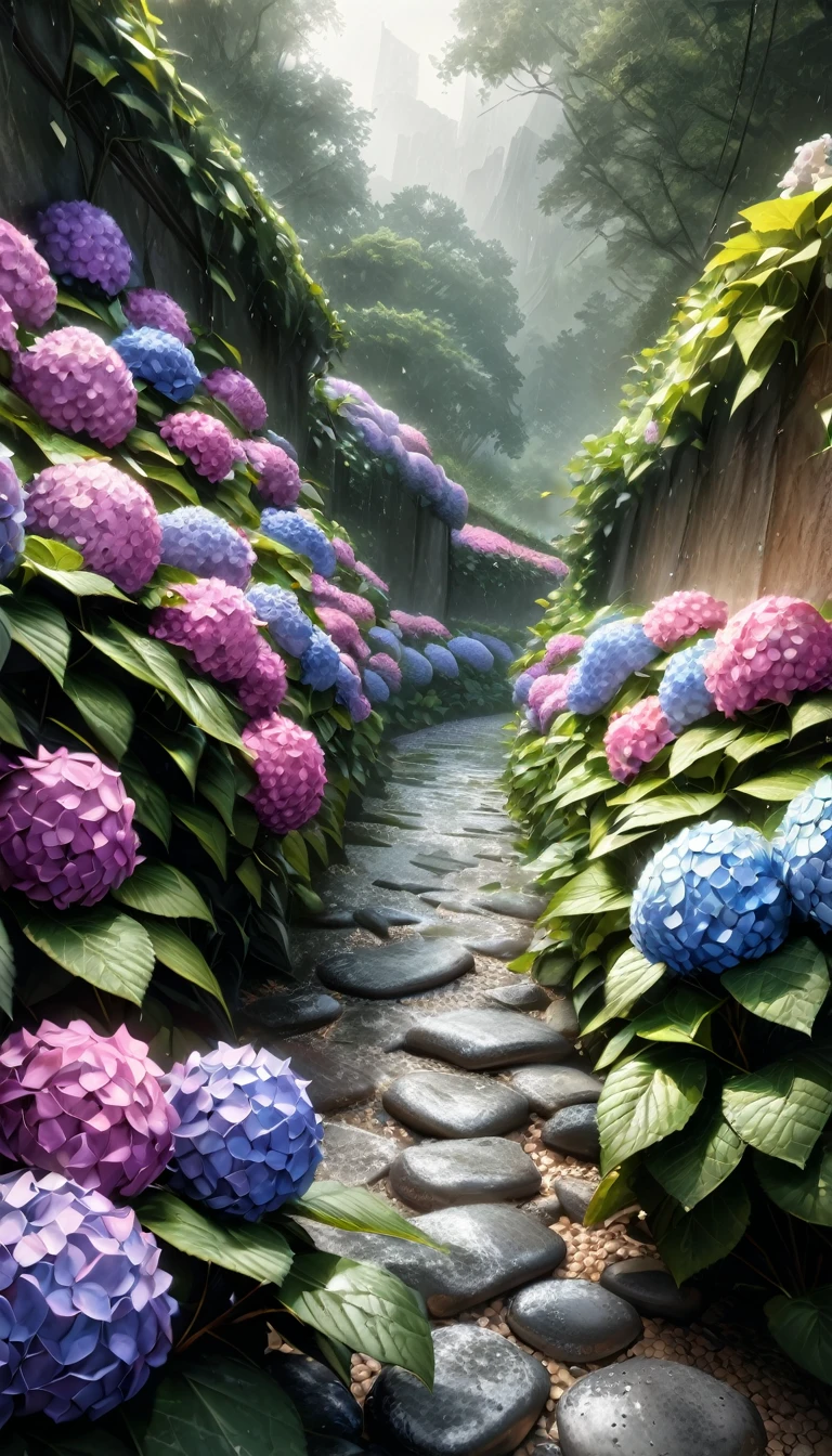 (highest quality:1.2, Very detailed, up to date, wallpaper, Ultra-high resolution, Photorealistic, masterpiece:1.2, highest quality, Best aesthetics),Hydrangea, garden, Light rain is falling, Small Slope, Pebble Road, Soft Light, Dark color palette, Loneliness, Silence.