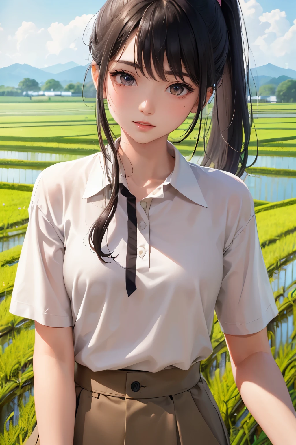 (Highest quality、Highest quality、Masterpiece、Very delicate、Very detailed、Exquisite、16K、Full HD)、1 female、(Grey short sleeve polo shirt、Beige culottes)、Small breasts、Perfect body line、Glowing Skin、(Groomed eyebrows、Pink Lips、Brown eyes、Mole on the right eye)、(Black Hair、ponytail、Shiny Hair)、Dramatic lighting、front、(countryside、Paddy field)