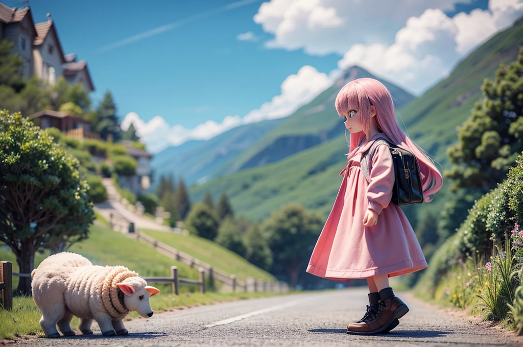 masterpiece, Highest quality, 8k, high details, Vivid, young woman, Sheep, cute, Directed at an angle, Open your mouth, Mokomo Konoko hair, Long Hair, Hair like sheep's hair, Pink Hair, eyebrow, 太いeyebrow, Pink dress, Long skirt, Light blue cardigan, Brown shoes, (trip, coastal:1.3, 大きなtrip鞄を持っている)