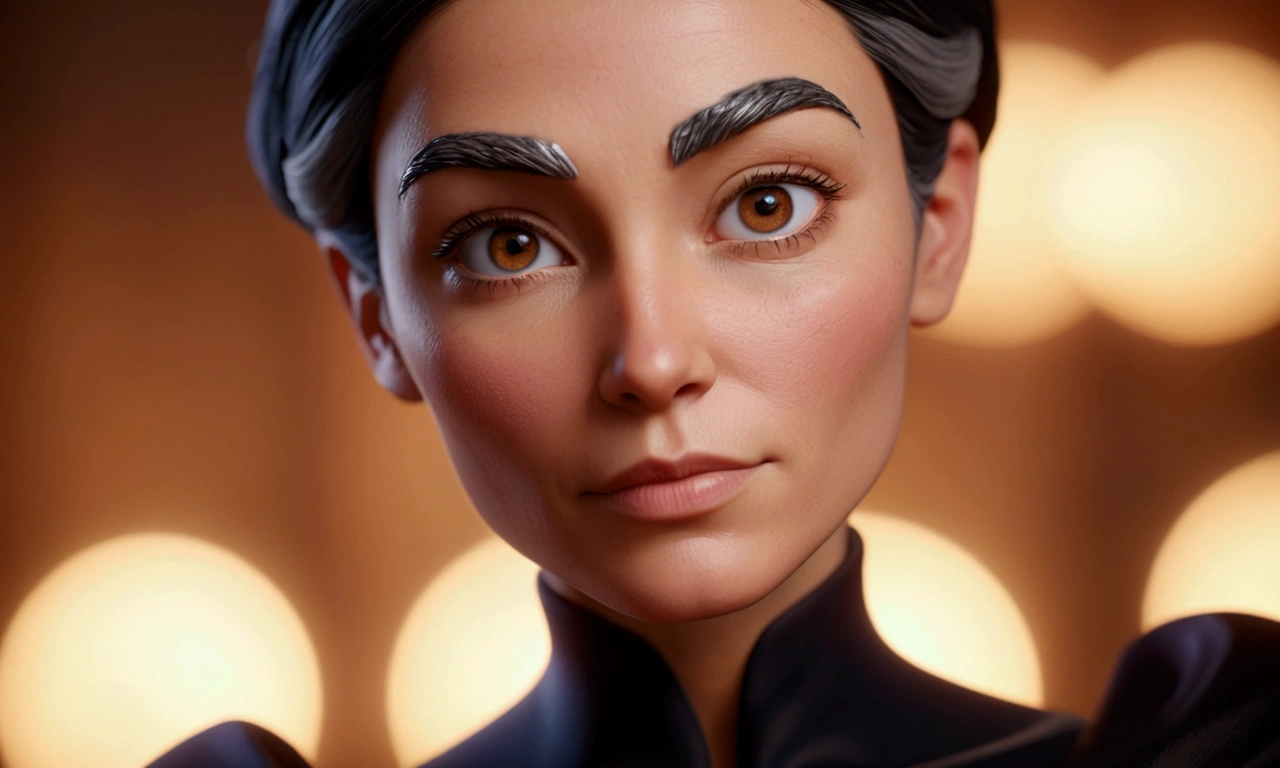 A close-up shot of a stylized, 40-year-old woman with curved gray eyebrows, brown eyes, and a black outfit. Her facial features are rendered in intricate detail, with realistic skin texture and subtle clay-like quality. Soft, scientific lighting casts a warm glow on her face, emphasizing the sharp focus on her features. The background is softly blurred, with a shallow depth of field creating a beautiful Bokeh effect. The entire scene is rendered in stunning 8K resolution, showcasing the Arnold Maya rendering style's ability to create intricate textures and detailed characters.