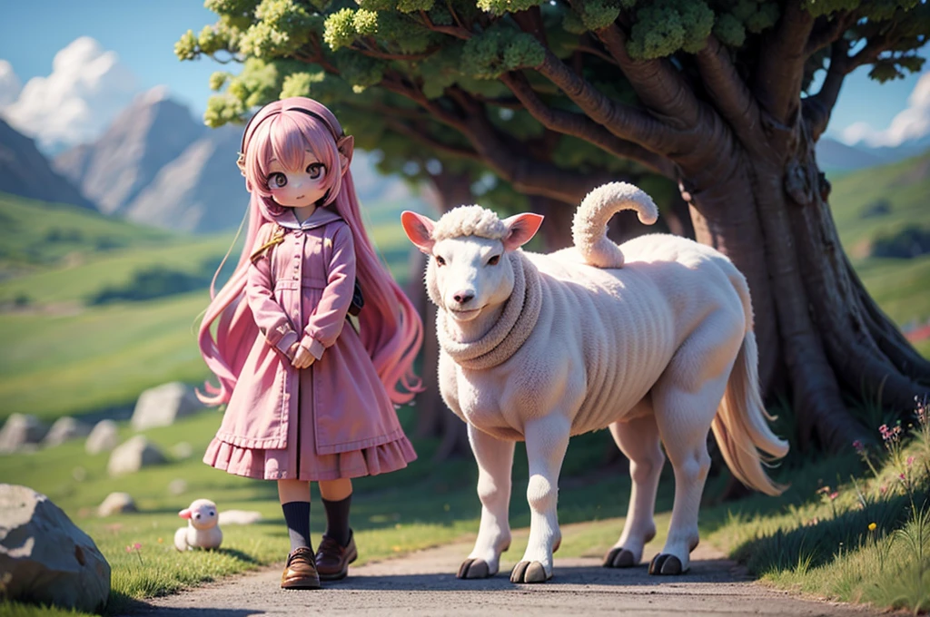 masterpiece, Highest quality, 8k, high details, Vivid, young woman, Sheep, cute, Directed at an angle, Open your mouth, Mokomo Konoko hair, Long Hair, Hair like sheep's hair, Pink Hair, eyebrow, 太いeyebrow, Pink dress, Long skirt, Light blue cardigan, Brown shoes, (trip, coastal:1.3, 大きなtrip鞄を持っている)