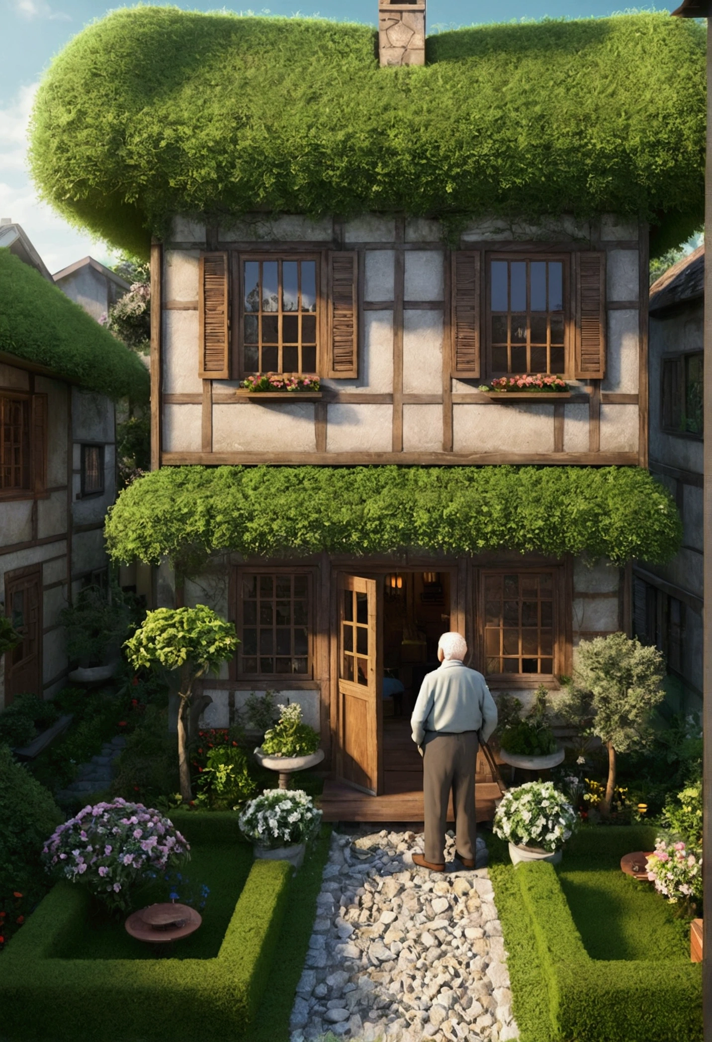 3d old man standing in garsen cozy house behind him 