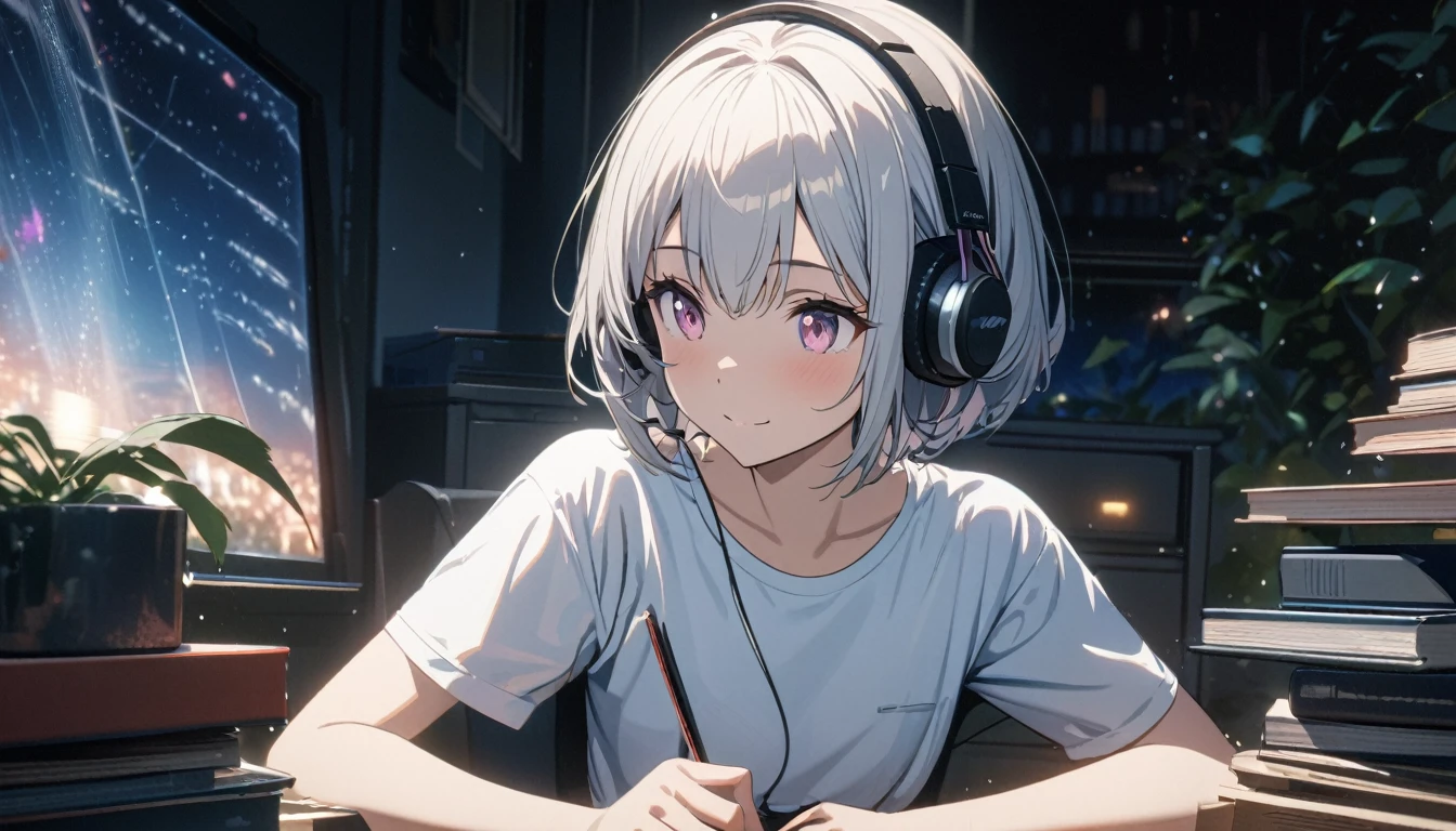 1girl,solo, flat chest, gentle smile on her face, pink beautiful eyes, short hair, silver hair, ((white t-shirt)), simple t-shirt, black skirt, upper body, ((masterpiece, illustration, best quality)) rainy night, a girl studying while listening to music with headphones, the night view is very beautiful with beautiful candle on her table. there are plants in the background, , a beautiful night view with books and plants in the background with coffee on the desk, 濃い青とBeautiful Blueのグラデーション, High resolution, 8K HD detail, hyper-detail, cinematic, surrealism, soft light, deep field focus bokeh, ray tracing and surrealism. --v6