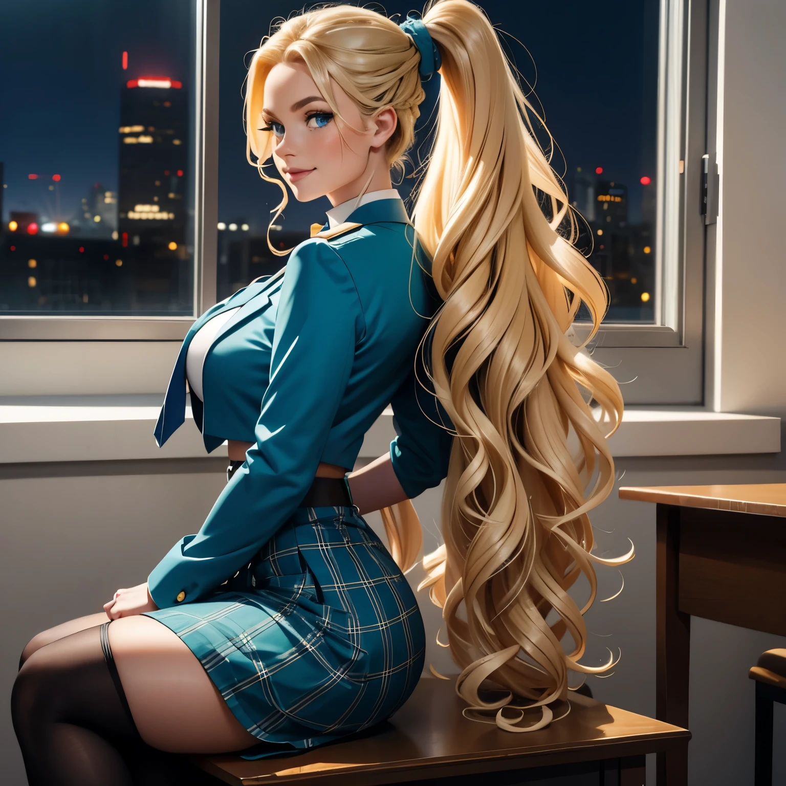 blonde, very long ponytail, very curly hair, French braid through ponytail, huge , massive , even bigger , bright blue eyes, high quality eyes, buttons, freckles, pale blue tartan skirt, very big very curly hair, armband, classroom, uniform, smile,   skin tight clothes,  come hither face, sultry face, tie, light blue, baby blue, teal, hair up, night, night time, blazer, sitting