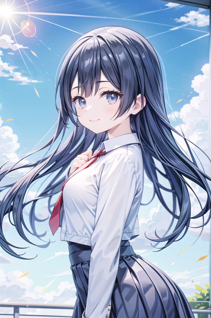 (best quality, masterpiece:1.2), 1girl, solo, anime, anime screencap,  ray tracing, global illumination, ultra resolution image, vivid color,  cinematic light,  lens flare,  light on face, glow eyes,  depth of field, happy, detailed background, cute,  straight-on, smile, looking at viewer, outdoors, sky, cloud, 
 Yuki Setuna, upper body, jacket, long sleeves,Outdoor、Strong winds、Panty shot