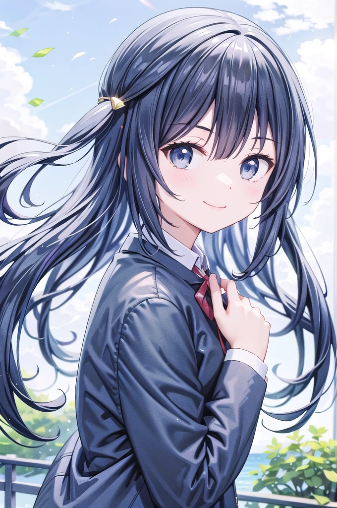 (best quality, masterpiece:1.2), 1girl, solo, anime, anime screencap,  ray tracing, global illumination, ultra resolution image, vivid color,  cinematic light,  lens flare,  light on face, glow eyes,  depth of field, happy, detailed background, cute,  straight-on, smile, looking at viewer, outdoors, sky, cloud, 
 Yuki Setuna, upper body, jacket, long sleeves,Outdoor、Strong winds、Panty shot