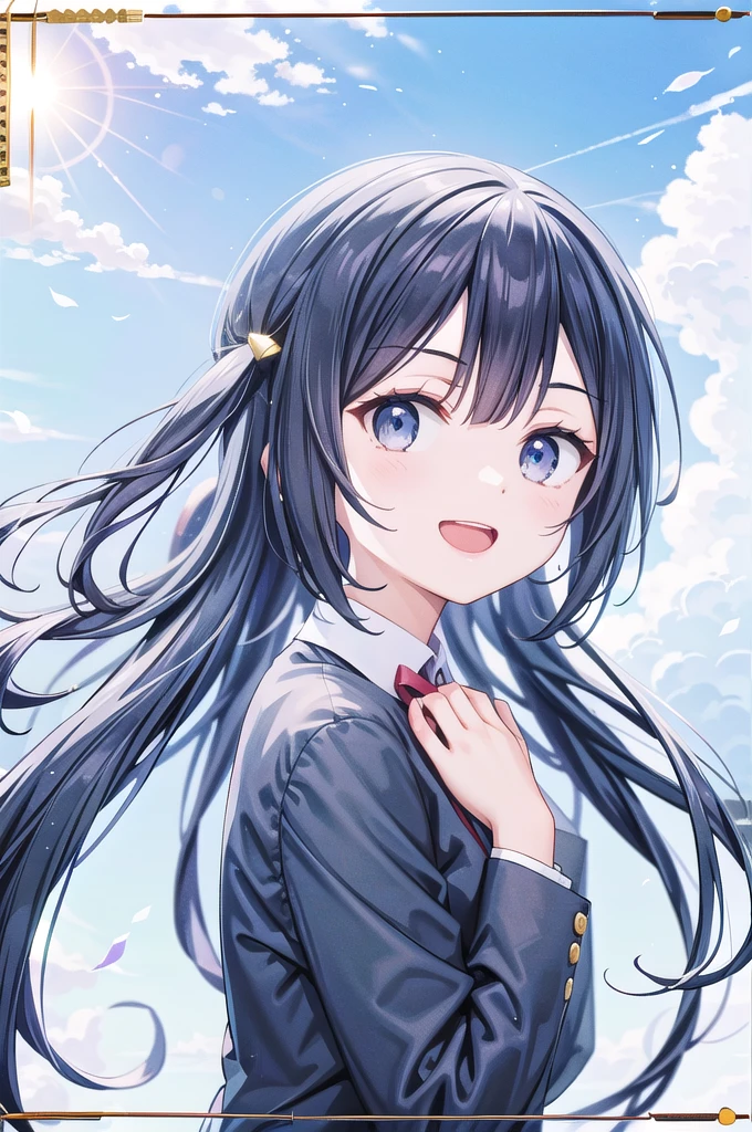 (best quality, masterpiece:1.2), 1girl, solo, anime, anime screencap,  ray tracing, global illumination, ultra resolution image, vivid color,  cinematic light,  lens flare,  light on face, glow eyes,  depth of field, happy, detailed background, cute,  straight-on, smile, looking at viewer, outdoors, sky, cloud, 
 Yuki Setuna, upper body, jacket, long sleeves,Outdoor、Strong winds、Panty shot