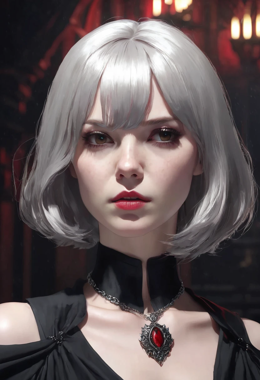 1 woman, inside a dark medieval room, wearing an elegant all-black dress, detailed facial features, feminine silver eyes, detailed pale skin, red stone necklace around her neck, straight black bob hair without bangs, dramatic lighting, cinematic composition, dark palette, dark colors, atmospheric haze, thin chin, angry face, serious face, strong and beautiful woman, adult woman, ultra realistic, profile picture, adult woman (best quality, 4K, 8K, high resolution, art: 1.2), ultra detailed (realistic, photorealistic, photorealistic: 1.37)