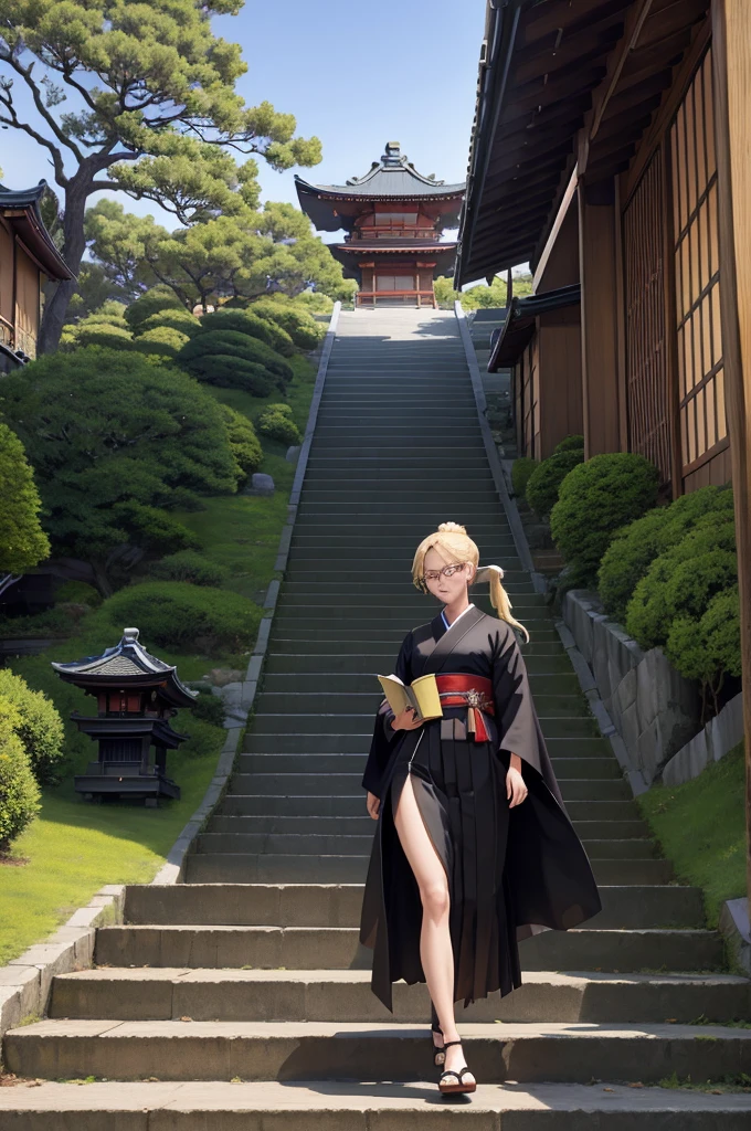 masterpiece, best quality,  woman, blond, folded ponytail, glasses, black robes, sash, hakama skirt, seiza, walking, stairs, japanese architecture, trees, sky, holding book, looking at viewer