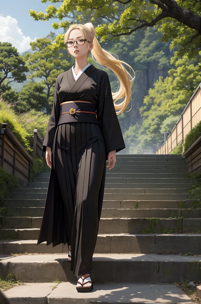 masterpiece, best quality, woman, blond, folded ponytail, glasses, black robes, sash, hakama skirt, seiza, walking, stairs, japanese architecture, trees, sky, holding book, looking at viewer