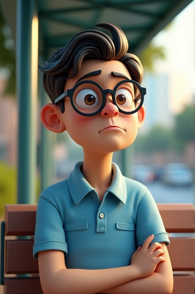Cartoon character man with prescription glasses in light blue polo shirt sitting at a bus stop with sad look, 3D stylized, 3D Character, Character, cartoon character, Character pose, (Pixar style) (Bokeh) (best quality) (detailed skin) (detailed texture) (8k) (clay) (Cinematic lighting) (sharp focus)