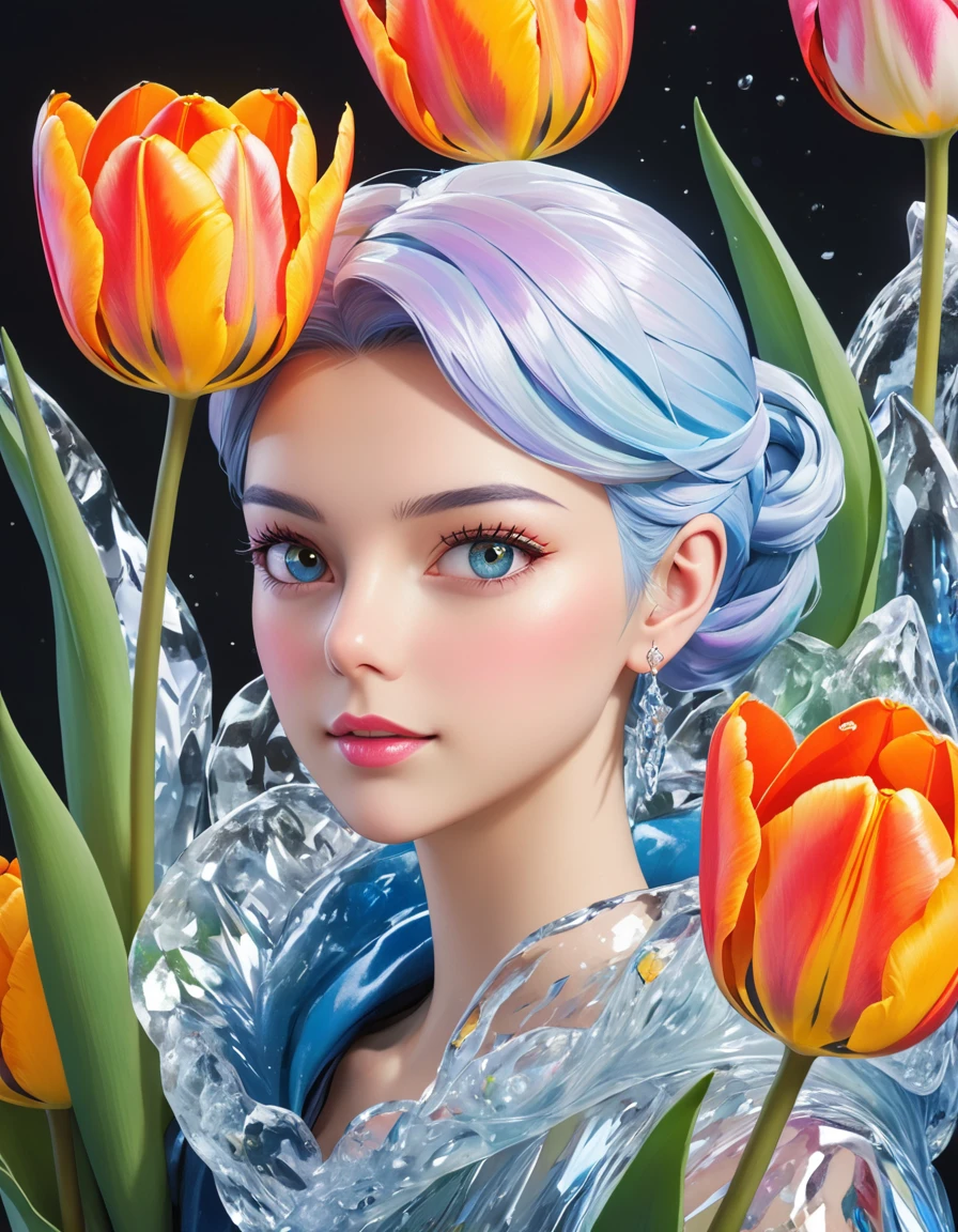 a portrait of an ((ice sculpture of a tulip flower: 1.5)), dynamic color icy tulip petals, dynamic background, vivid icy tulip (masterpiece, best detail: 1.5) open tulip flower, close up portrait, dynamic background,  High Detail, Ultra High Quality, High Resolution, 16K Resolution, Ultra HD Pictures, 3D rendering Ultra Realistic, Clear Details, Realistic Detail, Ultra High Definition,rpg portrait, ice