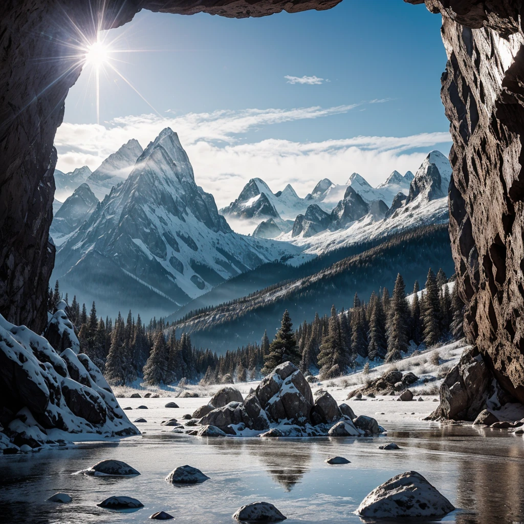 real photography, unique composition that merges and joins in an almost surreal design with four different types of objects in a symmetrical and framed image A cave of giant crystals that emit a soft and magical light, right side with RASO logo with futuristic chrome metal letters, precise and reflective contours, Background transparent., base da imagem com Monochrome Mountains: Mountain silhouettes in different shades of gray., Coyote photo frame. There is a frame in the image that refers to the 2d image drawn with lines that become wind and water and fire and earth at the base, com Background transparent.