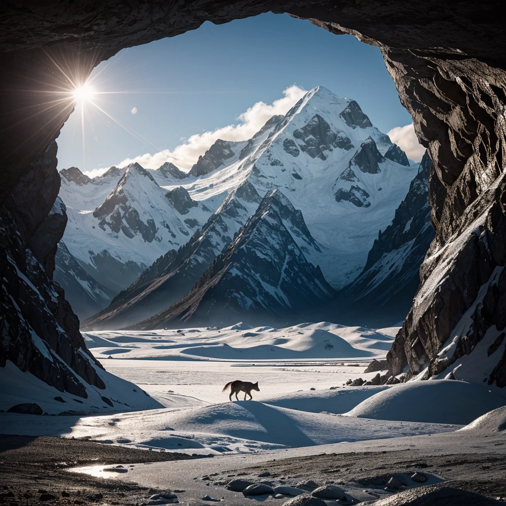 real photography, unique composition that merges and joins in an almost surreal design with four different types of objects in a symmetrical and framed image A cave of giant crystals that emit a soft and magical light, right side with RASO logo with futuristic chrome metal letters, precise and reflective contours, Background transparent., base da imagem com Monochrome Mountains: Mountain silhouettes in different shades of gray., Coyote photo frame. There is a frame in the image that refers to the 2d image drawn with lines that become wind and water and fire and earth at the base, com Background transparent.