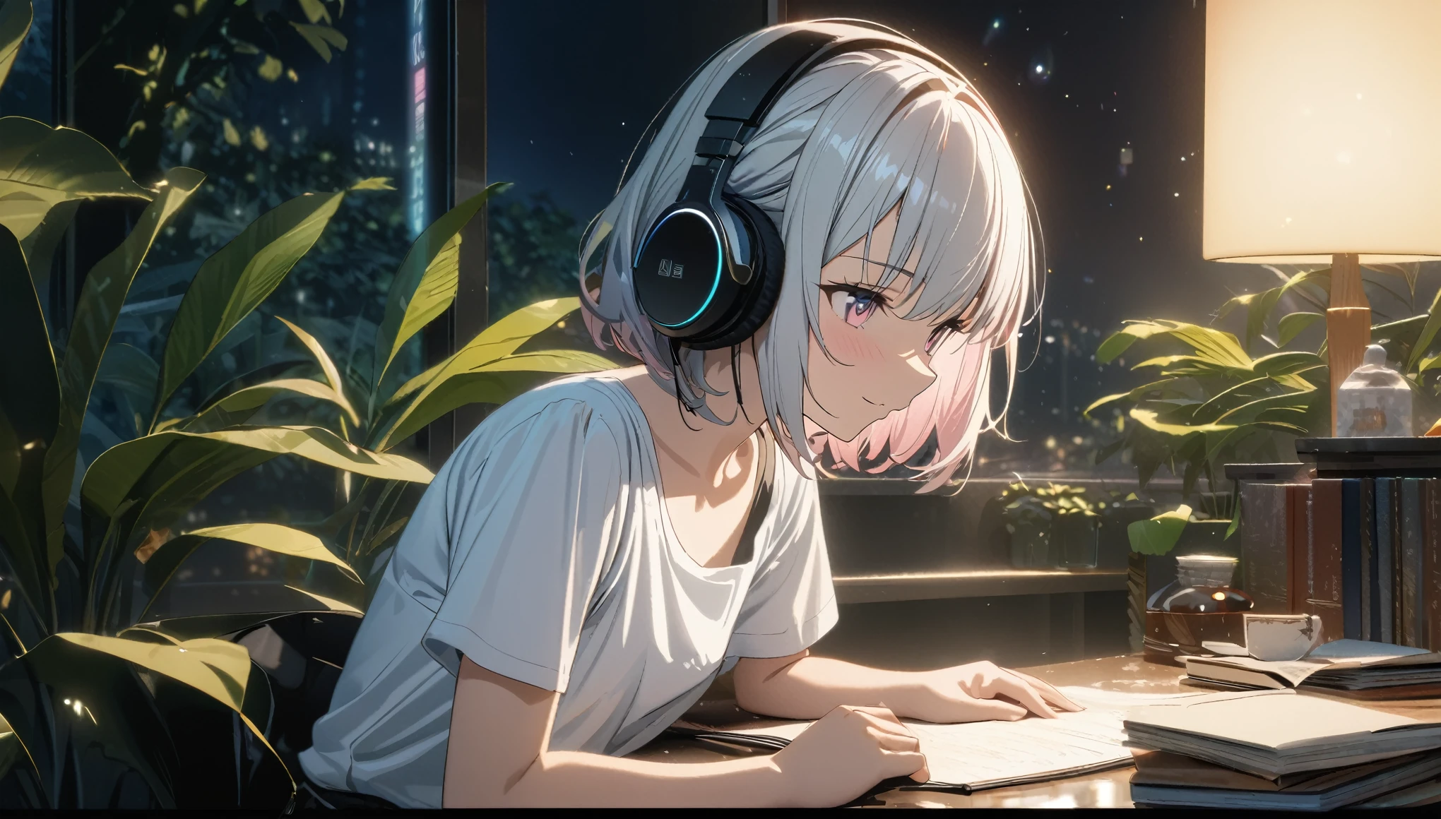 1girl,solo, flat chest, gentle smile on her face, pink beautiful eyes, short hair, silver hair, ((white t-shirt)), simple t-shirt, black skirt, upper body, ((masterpiece, illustration, best quality)) rainy night, a girl studying while listening to music with headphones, the night view is very beautiful with beautiful candle on her table. there are plants in the background, , a beautiful night view with books and plants in the background with coffee on the desk, 濃い青とBeautiful Blueのグラデーション, High resolution, 8K HD detail, hyper-detail, cinematic, surrealism, soft light, deep field focus bokeh, ray tracing and surrealism. --v6