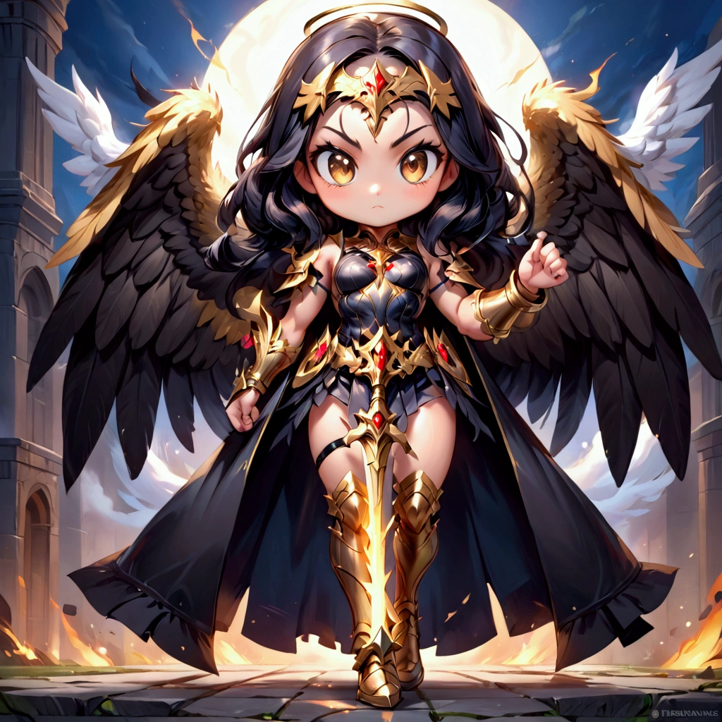 anime girl (muscular: 1.1) with wings and a cape holding a sword, angel knight girl, villainess has black angel wings, as a mystical valkyrie, mystical valkyrie, phoenix warrior, splash art brawlstars, advanced digital chibi art, league of legends art style, morgana from league of legends, epic mage girl character, valkyrie style character, profile picture 1024px