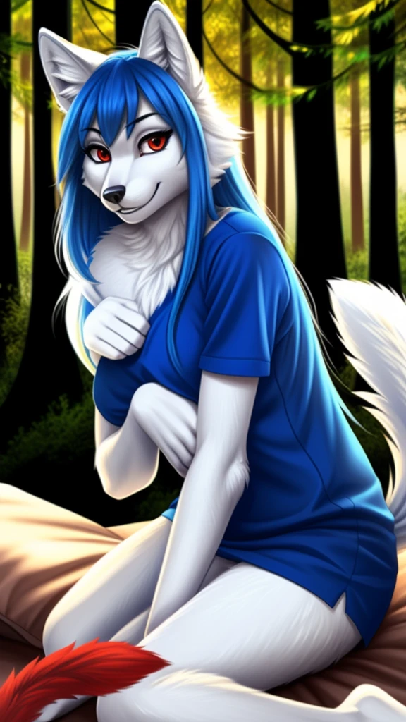 Posing, Female, 30 years old, cute, eyeliner, long hair, biting lip smile, blue shirt, bedroom eyes, anthro, cat ears, (white fur:1.5), cat, forest background, 8k, hi res, (best quality, masterpiece), red eyes, (wolf tail:1.5), hugs a human boy with blue hair 