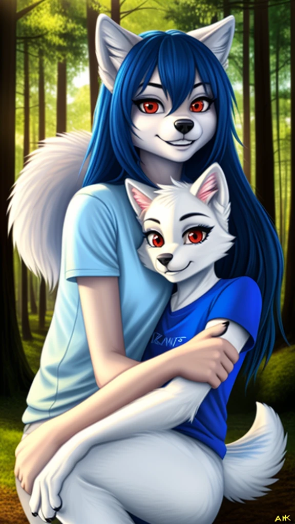 Posing, Female, 30 years old, cute, eyeliner, long hair, biting lip smile, blue shirt, bedroom eyes, anthro, cat ears, (white fur:1.5), cat, forest background, 8k, hi res, (best quality, masterpiece), red eyes, (wolf tail:1.5), hugs a human boy with blue hair 