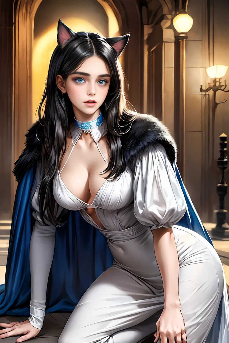 
masterpiece, 最high quality, high quality, 1 girl, alone, Female focus, Watching the audience,  Messy black hair, Adorable big blue eyes, White, Noble, Noble, Beautiful Vampire、Tuxedo、A very voluminous, large, very large, very large, long, long red and black cape with a high stand-up collar, made of a lot of fabric that reaches down to the floor., 23 years old,Cute beautiful girls,Cute, cute, kind, pretty girl, cat ears