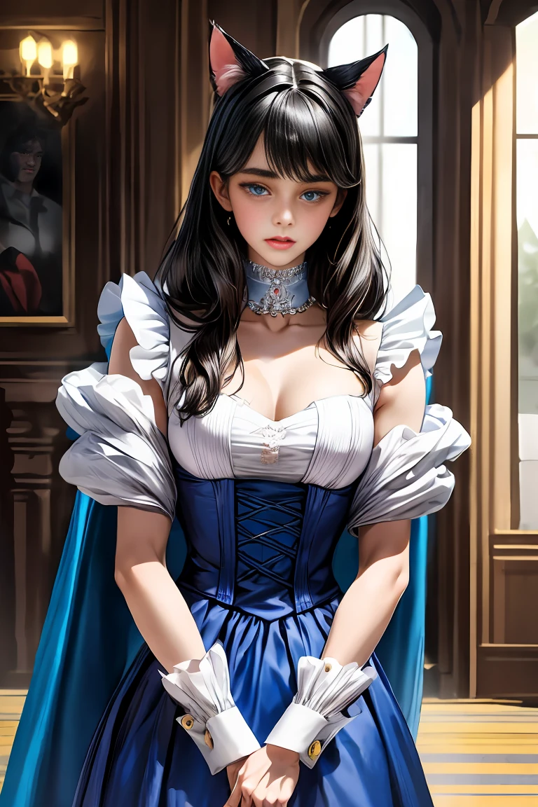 
masterpiece, 最high quality, high quality, 1 girl, alone, Female focus, Watching the audience,  Messy black hair, Adorable big blue eyes, White, Noble, Noble, Beautiful Vampire、Tuxedo、A very voluminous, large, very large, very large, long, long red and black cape with a high stand-up collar, made of a lot of fabric that reaches down to the floor., 23 years old,Cute beautiful girls,Cute, cute, kind, pretty girl, cat ears