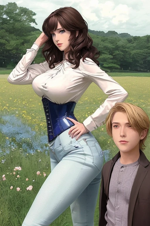 Anime style scene with a 21-year-old female character with a mature face, arching her back, and an adolescent boy standing behind her, looking at her. The woman has long, waist-length, wavy blond hair, V bangs, and blue eyes, wearing a white blouse with a chocolate-colored corset over it, skinny tight blue jeans, and high boots. The boy has short dark hair, a slim build, and is wearing casual clothes. They are in a vibrant spring field at midday, with the boy's gaze focused on the woman, creating a dynamic and intriguing atmosphere.