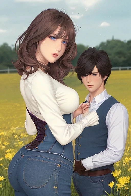 Anime style scene with a 21-year-old female character with a mature face, arching her back, and an adolescent boy standing behind her, looking at her. The woman has long, waist-length, wavy blond hair, V bangs, and blue eyes, wearing a white blouse with a chocolate-colored corset over it, skinny tight blue jeans, and high boots. The boy has short dark hair, a slim build, and is wearing casual clothes. They are in a vibrant spring field at midday, with the boy's gaze focused on the woman, creating a dynamic and intriguing atmosphere.