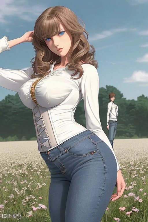 Anime style scene with a 21-year-old female character with a mature face, arching her back, and an adolescent boy standing behind her, looking at her. The woman has long, waist-length, wavy blond hair, V bangs, and blue eyes, wearing a white blouse with a chocolate-colored corset over it, skinny tight blue jeans, and high boots. The boy has short dark hair, a slim build, and is wearing casual clothes. They are in a vibrant spring field at midday, with the boy's gaze focused on the woman, creating a dynamic and intriguing atmosphere.