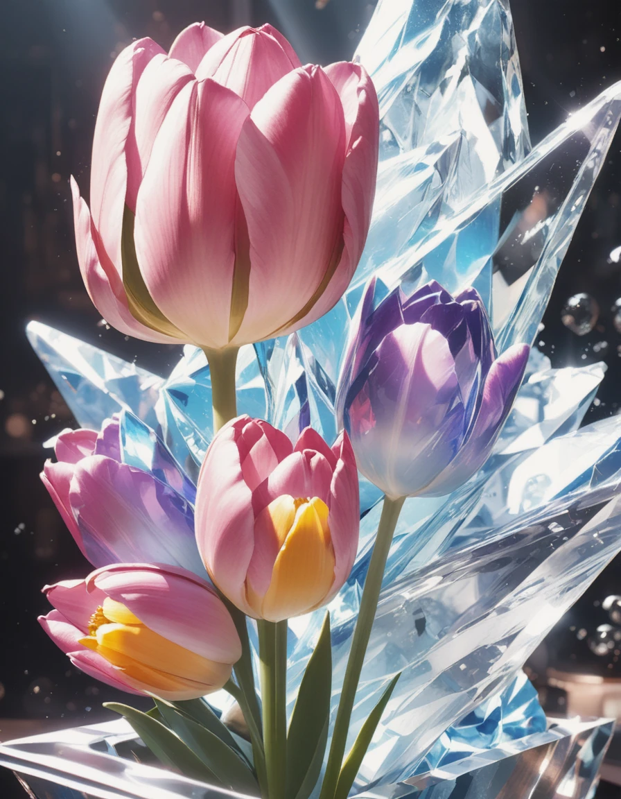 a portrait of an ((ice sculpture of a tulip flower: 1.5)), dynamic color icy tulip petals, dynamic background, vivid icy tulip, close up portrait, dynamic background,  High Detail, Ultra High Quality, High Resolution, 16K Resolution, Ultra HD Pictures, 3D rendering Ultra Realistic, Clear Details, Realistic Detail, Ultra High Definition,rpg portrait, ice, NRART