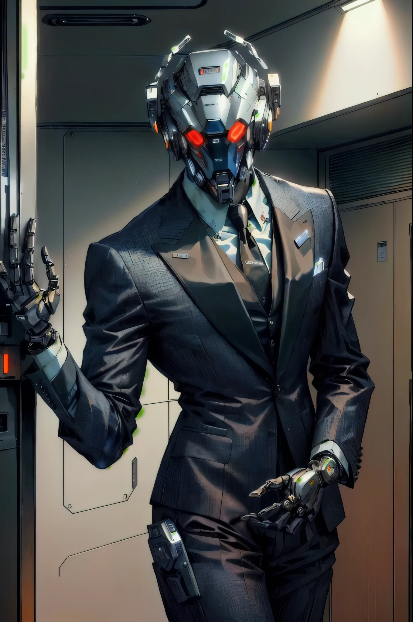 masculine, robotic humanoid, wearing a business suit, uncanny valley, weird, in an office building, android, imitating humans, retro robot, 1990s aesthetic, office worker, 1990s style robot, 1990s businessman, waving hello