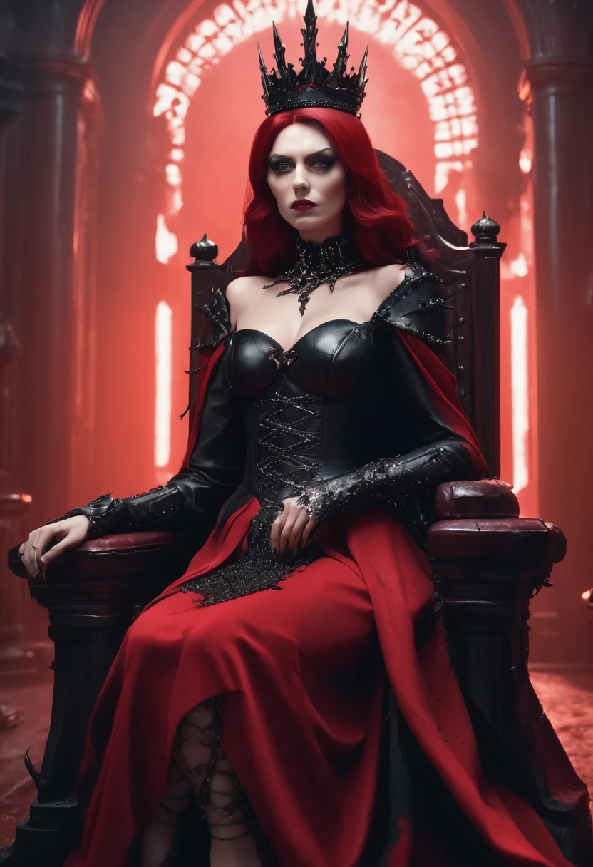 1 woman, sitting on the throne of her dark castle, she is a villain, wearing a dark red dress, detailed facial features, feminine eyes, white and detailed skin, black crown with iron spikes, straight red hair, dramatic lighting, cinematic composition, dark palette, dark colors, atmospheric fog, thin chin, serious face, serious face, thin woman, adult woman, ultra realistic, profile picture, adult woman (best quality, 4K, 8K, high resolution, art: 1.2), ultra detailed (realistic, photorealistic, photorealistic: 1.37)