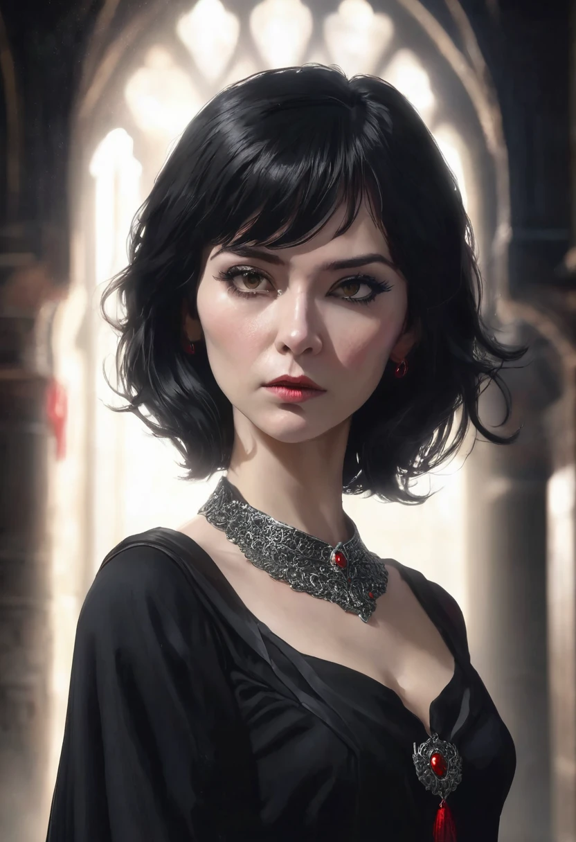 1 woman, inside a dark medieval room, wearing an elegant all-black dress, detailed facial features, feminine silver eyes, pale and detailed skin, red stone necklace around her neck, short straight black hair, dramatic lighting, cinematic composition, dark palette, dark colors, atmospheric haze, thin chin, angry face, serious face, strong and beautiful woman, adult woman, ultra realistic, profile picture, adult woman (best quality, 4K, 8K, high resolution, art: 1.2), ultra detailed (realistic, photorealistic, photorealistic: 1.37)