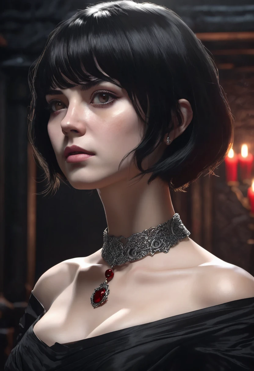 1 woman, inside a dark medieval room, wearing an elegant all-black dress, detailed facial features, feminine silver eyes, pale and detailed skin, red stone necklace around her neck, short straight black hair, dramatic lighting, cinematic composition, dark palette, dark colors, atmospheric haze, thin chin, angry face, serious face, strong and beautiful woman, adult woman, ultra realistic, profile picture, adult woman (best quality, 4K, 8K, high resolution, art: 1.2), ultra detailed (realistic, photorealistic, photorealistic: 1.37)