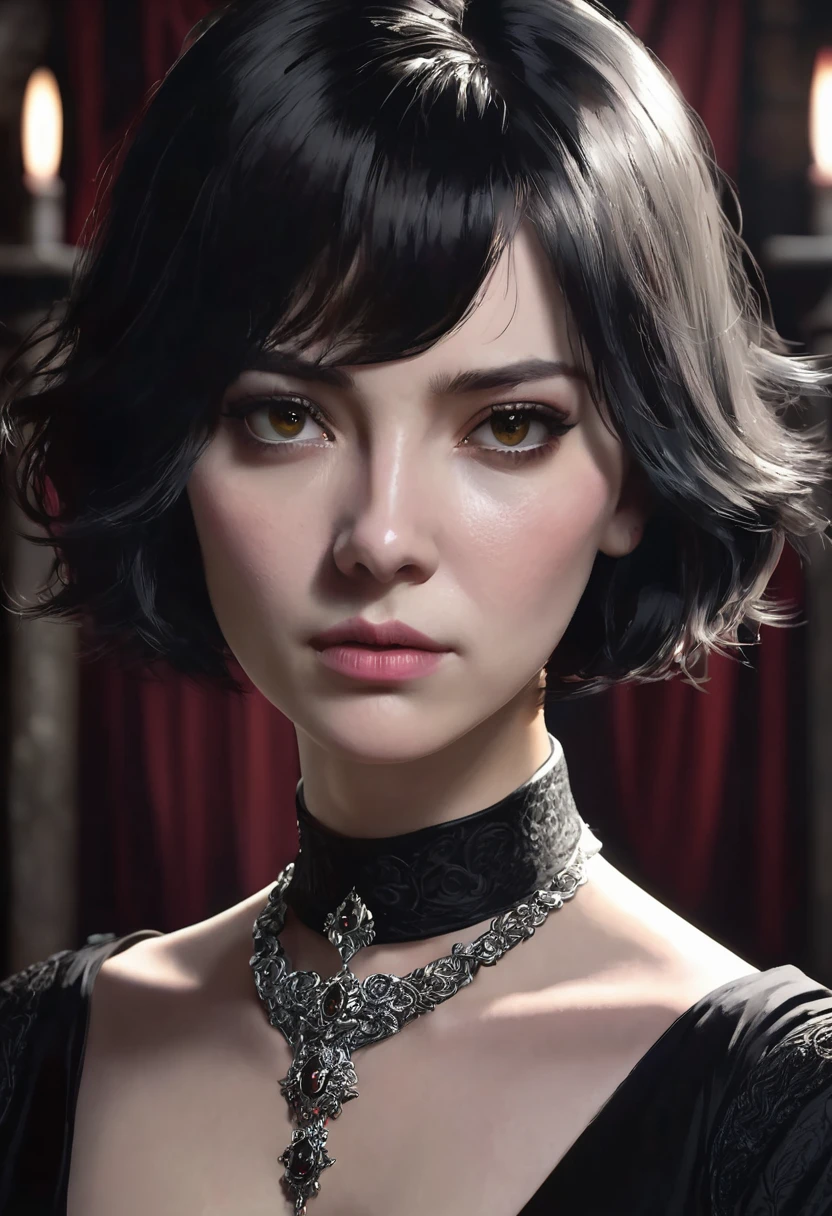 1 woman, inside a dark medieval room, wearing an elegant all-black dress, detailed facial features, feminine silver eyes, pale and detailed skin, red stone necklace around her neck, short straight black hair, dramatic lighting, cinematic composition, dark palette, dark colors, atmospheric haze, thin chin, angry face, serious face, strong and beautiful woman, adult woman, ultra realistic, profile picture, adult woman (best quality, 4K, 8K, high resolution, art: 1.2), ultra detailed (realistic, photorealistic, photorealistic: 1.37)
