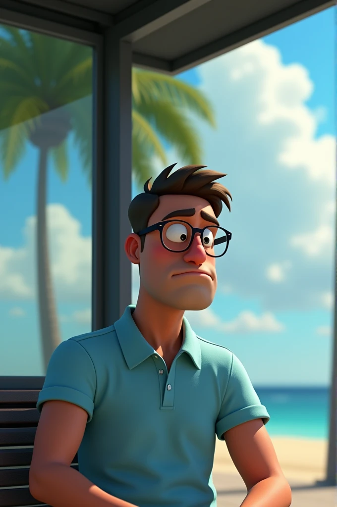 Aqui está o prompt traduzido para o inglês:

"Create a 3D image in the Pixar style of an animated character. The character is a man wearing glasses and a light blue polo shirt. He is sitting at a bus stop with a very sad expression on his face. The scene should reflect the atmosphere of an ordinary day, perhaps with a cloudy sky to accentuate the character's sadness. He is lost in thought, imagining what it would be like to be on vacation at the beach. Include subtle elements that represent this imagination, such as a shadow that shows a beach with gentle waves, or a reflection in the bus stop glass that suggests palm trees and the sea in the background."