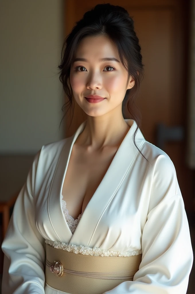 (Highest quality、Tabletop、8k、Best image quality、Award-winning works)、(A beautiful 50-year-old Japanese woman:1.1)、(The proprietress of a luxury inn:1.1)、(High-quality white kimono at a luxury inn:1.2)、(Kimono that shows the chest:1.1)、(Big cleavage:1.1)、(Open the chest:1.3)、(big soft breasts:1.1)、(Big cleavageを露出する:1.1)、Perfect mature woman portrait photo、Glowing Skin、Standing Elegantly、(Blurred elegant luxury hotel background:1.3)、(The most natural and perfect tidy luxury inn background:1.2)、(The most moody and romantic:1.2)、(Tyndall effect:1.1)、Great cinema lighting、(The most atmospheric and warm lighting:1.1)、Glowing White Skin、Very white skin、(Accentuate your body lines:1.1)、(The most graceful posture:1.2)、Perfect beautiful glossy lips、(Accurate anatomy:1.1)、(A perfect and elegant outfit:1.1)、(Standing with good posture:1.1)、(Face close-up:1.2)、Chignon、Perfect classy makeup、Beautiful glossy lips、Glowing, beautiful, flawless skin、(Staring at me with a cold, blank look:1.1)