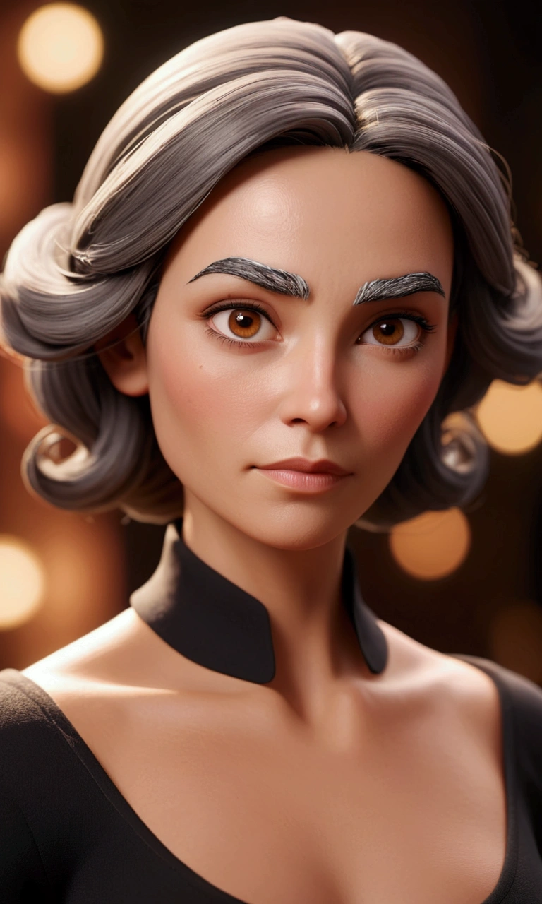 A close-up shot of a stylized, 40-year-old woman with curved gray eyebrows, brown eyes, and a black outfit. Her facial features are rendered in intricate detail, with realistic skin texture and subtle clay-like quality. Soft, scientific lighting casts a warm glow on her face, emphasizing the sharp focus on her features. The background is softly blurred, with a shallow depth of field creating a beautiful Bokeh effect. The entire scene is rendered in stunning 8K resolution, showcasing the Arnold Maya rendering style's ability to create intricate textures and detailed characters.