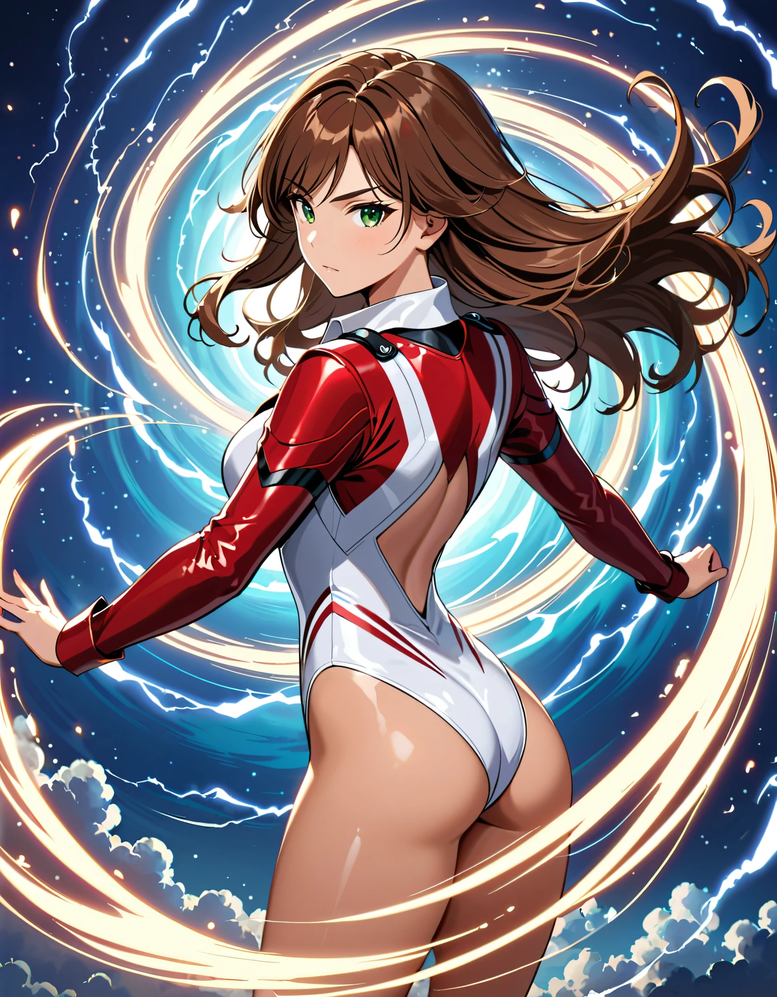 (masterpiece), (best quality), (high res), 1lady, tall body, professional, beautiful detailed eyes, beautiful detailed face, serious, perfect hands, complete fingers, perfect anatomy, perfect proportions, ((brown hair, medium hair, hair down)), ahoge, ((green eyes)), ((leotard, white leotard, matching leotard)), ((white dress collar, open collar)), ((bare legs)), ((boots, matching boots, ankle-high boots, red boots)), breasts, medium breasts, (full body portrait), (solo, solo focus), cowboy shot, space backdrop, (((yellow upside-down chevron) (symbol) on chest)), ((red leather jacket, open jacket)). (T-pose, legs together). (fast spin, spins fast in place like a tornado, whirls fast in place like a tornado, tornado whirling, spiral lines around her, spiral lines around her, spinning energy pulse around her, storm winds around her, whirls into a tornado, (she whirls) in (super speeds)). full body costume design. curved sword slash. she super-spins. time travel, time warp. ((back view, rear view, from behind)).