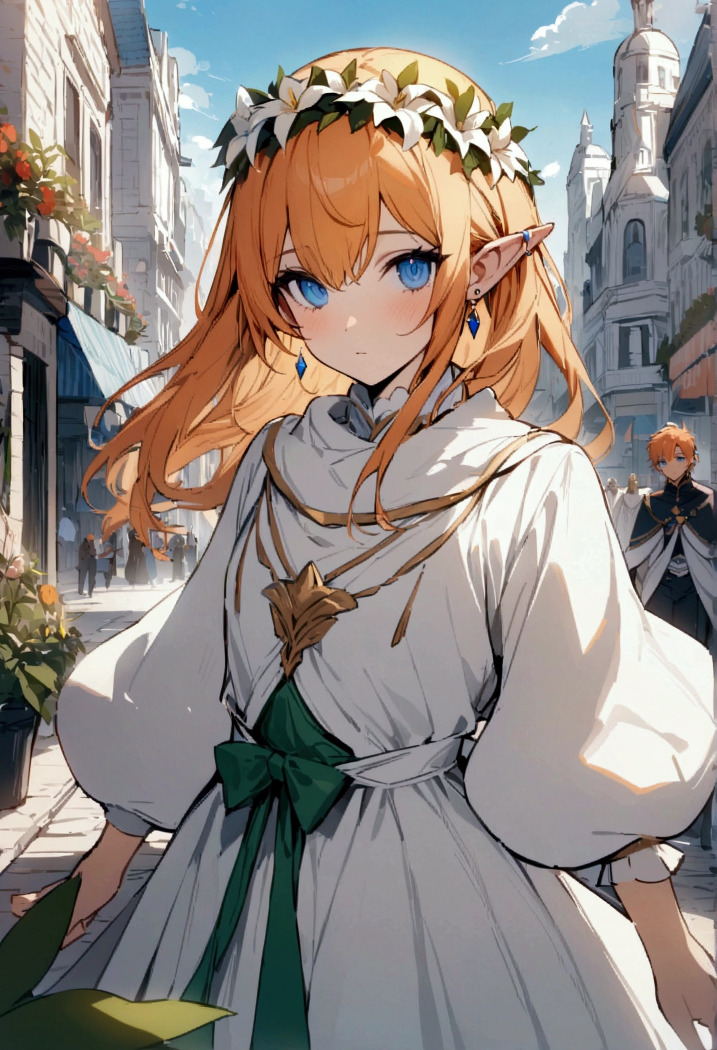 Masterpiece, High quality, High quality of art, best quality, best details, 1boy, fluffy orange hair, blue eyes, In white Heaton, a white city, a blue sky, full of inhabitants around, the inhabitants bow to him, Wreath of lilies, The white city of the elves, Walking along the main street of the city, there are many plants in the city, prince, A gold earring with a diamond on the left ear, in princess dress, all inhabitans look at him with love