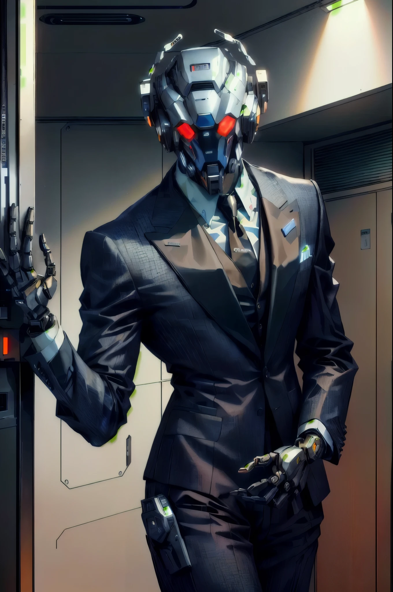 masculine, robotic humanoid, wearing a business suit, uncanny valley, weird, in an office building, android, imitating humans, retro robot, 1990s aesthetic, office worker, 1990s style robot, 1990s businessman, waving hello