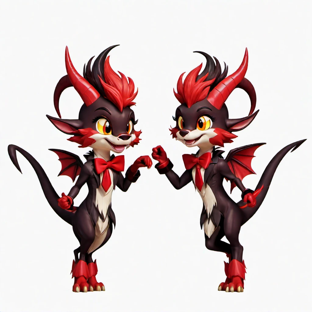 HazbinStyle, assymetric, a cartoon character,masterpiece,highly detailed,8k resolution,duos,ultra detailed perfect piece,masterpiece,extremely detailed CG 8k,very fine 8K CG,best quality,absurdres,zoomed out view,full body view,Hazbin hotel,Razzle and Dazzle,goat-dragon/-demons,they have similar red fur, long black and red horns, yellow eyes with red irises, and similar suits. Both also possess dragon-like wings, and their tails are long with a tuft of fur at the end of each shaped into a point. Their "hands" have close resemblance to hooves for hands, and their cheeks have pink spots, as well as what appear to be freckles located beside their eyes. Razzle appears to have a normal tongue, Razzle's eyes are reptilian-like with thin vertical pupils, and Razzle's fur is a light shade of red, while the stripe going down his snout is darker red in comparison. Dazzle has a more snake-like tongue, Dazzle’s eyes are larger with his pupils being round and circular, Dazzle, Dazzle's fur is dark red with the stripe on his snout being a lighter shade of red. They both have tuxeo tops with red bowties
They are both sitting down and smiling with a box of donuts around them,background is red shades of a sidewalk and buildings as they’re in hell