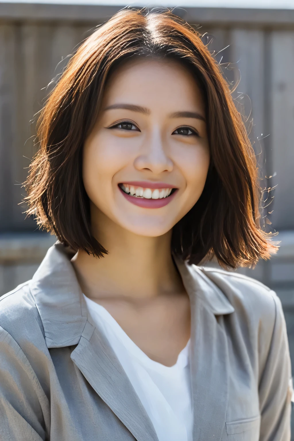 (((Facing the viewer、Watching the audience)))、Bust up shot、Low - Angle, Wicked Smile, Depth of written boundary, Cinematic lighting, uhd, masterpiece, Anatomically correct, Super Detail, Highest quality, 16K, Highest quality、Japanese womenの立ち姿、Woman standing in an alley、Japanese women、38 years old、Perfect Makeup、Lip gloss、Realistic skin texture、double eyelid、Lower eyelid tear trough、The eyes are looking here, Smiling Kindly, (Dimples: 1.2), Short Hairstyles, Sitting, Wearing a light pink jacket over a white camisole,
