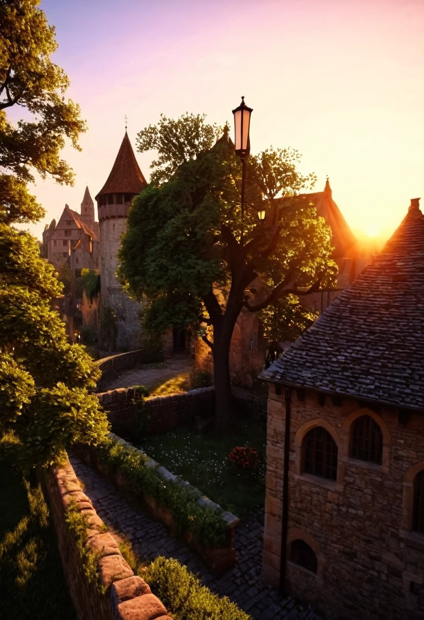 ((Best resolution:1.4)), ((high quality:1.2)), Work of art, 8k, extremely detailed, ((High detail:1.2)), cinematic photo, a very beautiful city, medieval houses and trees, sunset sky,