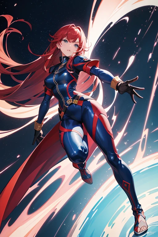 Profesora Sylara Stormblade in an anime style, as a tall, athletic Caucasian woman with long, vivid red hair and bright blue eyes. She is in a dynamic karate kick pose. Her attire includes tight-fitting blue leather pants and leather boots, which accentuate her athletic figure. The setting is a mountainous landscape, with the full-body image capturing the energy and style of anime action.