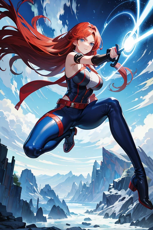 Profesora Sylara Stormblade in an anime style, as a tall, athletic Caucasian woman with long, vivid red hair and bright blue eyes. She is in a dynamic karate kick pose. Her attire includes tight-fitting blue leather pants and leather boots, which accentuate her athletic figure. The setting is a mountainous landscape, with the full-body image capturing the energy and style of anime action.