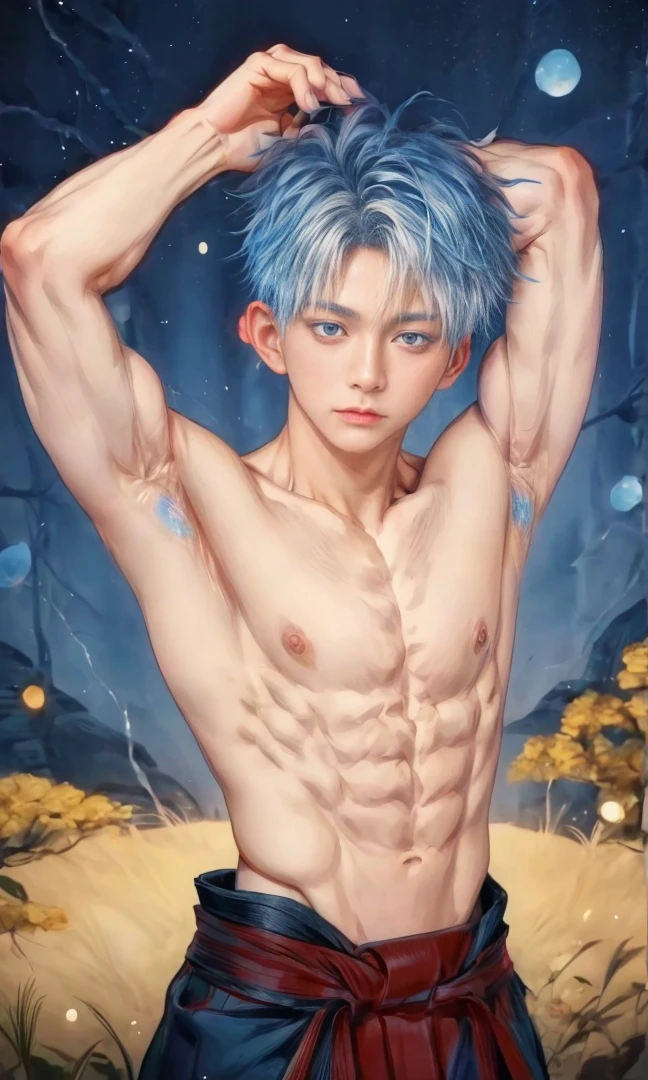 1 male, Japanese male model, high resolution 4k, adult, handsome, perfect face detail, detailed eyes and face, clean shaved, detailed muscular, white eyebrow hair, white eyelashes, Naked torso, Detailed face, perfect face, dynamic lighting, Real skin texture, detail Perfect hand, details, Real and complete hand details, unreal engine, hd picture, satoru gojo, Jujutsu kaisen, white hair, short hair ,hair between eyes ,blue eyes, white skin