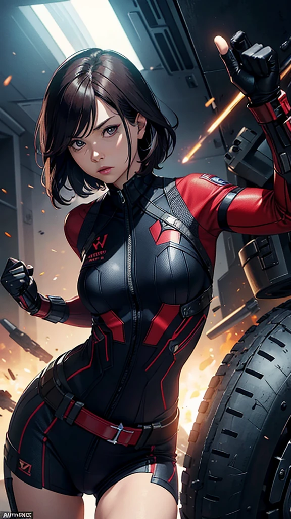 (absurdres, highres, ultra detailed),Masterpiece,intricate details,Best quality,8k,Realistic face,anime girl,Realistic skin texture,magnified textures, stunning clarity, ultra detailed eyes and faces,dark brown hair,layered bob,pink extention,Japanese girl,,(tanned skin:1.2),(having energy weapons),(spacecraft),cowboy shot,piercing eyes,tight rubber suit,fighting pose,look at viewer,big breasts,