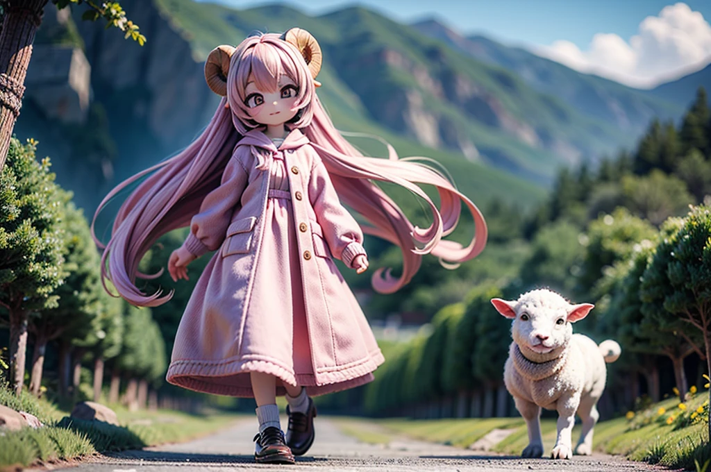 masterpiece, Highest quality, 8k, high details, Clear Face, young woman, Sheep, cute, Directed at an angle, Open your mouth, Mokomo Konoko hair, Long Hair, Hair like sheep's hair, Pink Hair, eyebrow, 太いeyebrow, Pink dress, Long skirt, Light blue cardigan, Brown shoes, (trip, All:1.3, 大きなtrip鞄を持っている)